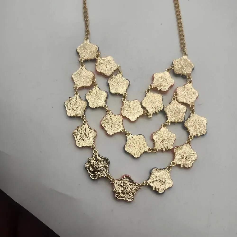 BOGOT Pink Navy Flower Statement Bib Necklace Earrings Set Gold Tone Rhinestone